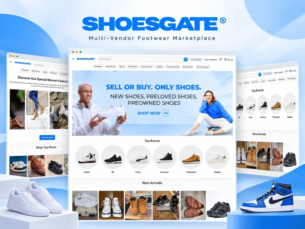 Shoesgate multi-vendor footwear marketplace homepage showing shoe listings and seller storefronts